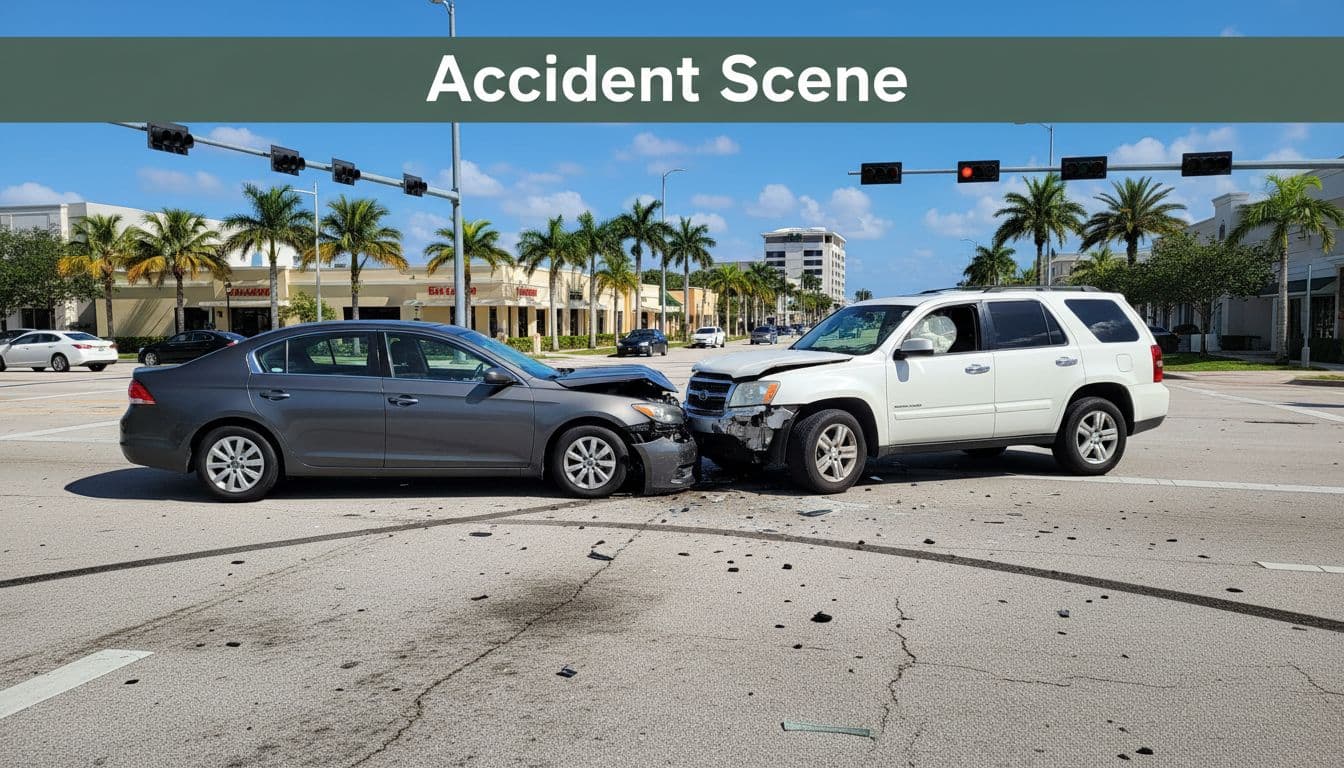Two cars damaged in left-turn crash at busy intersection with skid marks, traffic lights, palm trees; top green banner reads 'Accident Scene'.