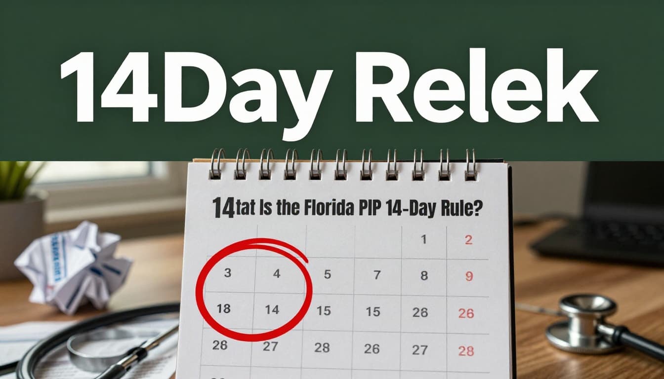 Photorealistic closeup of a desk calendar open to day 14 circled in red next to a crumpled car insurance form and stethoscope, topped with a dark-green band featuring '14-Day Rule' headline in bold white text. Editorial style image illustrating the strict 14-day deadline for initial medical treatment to qualify for Florida PIP benefits.
