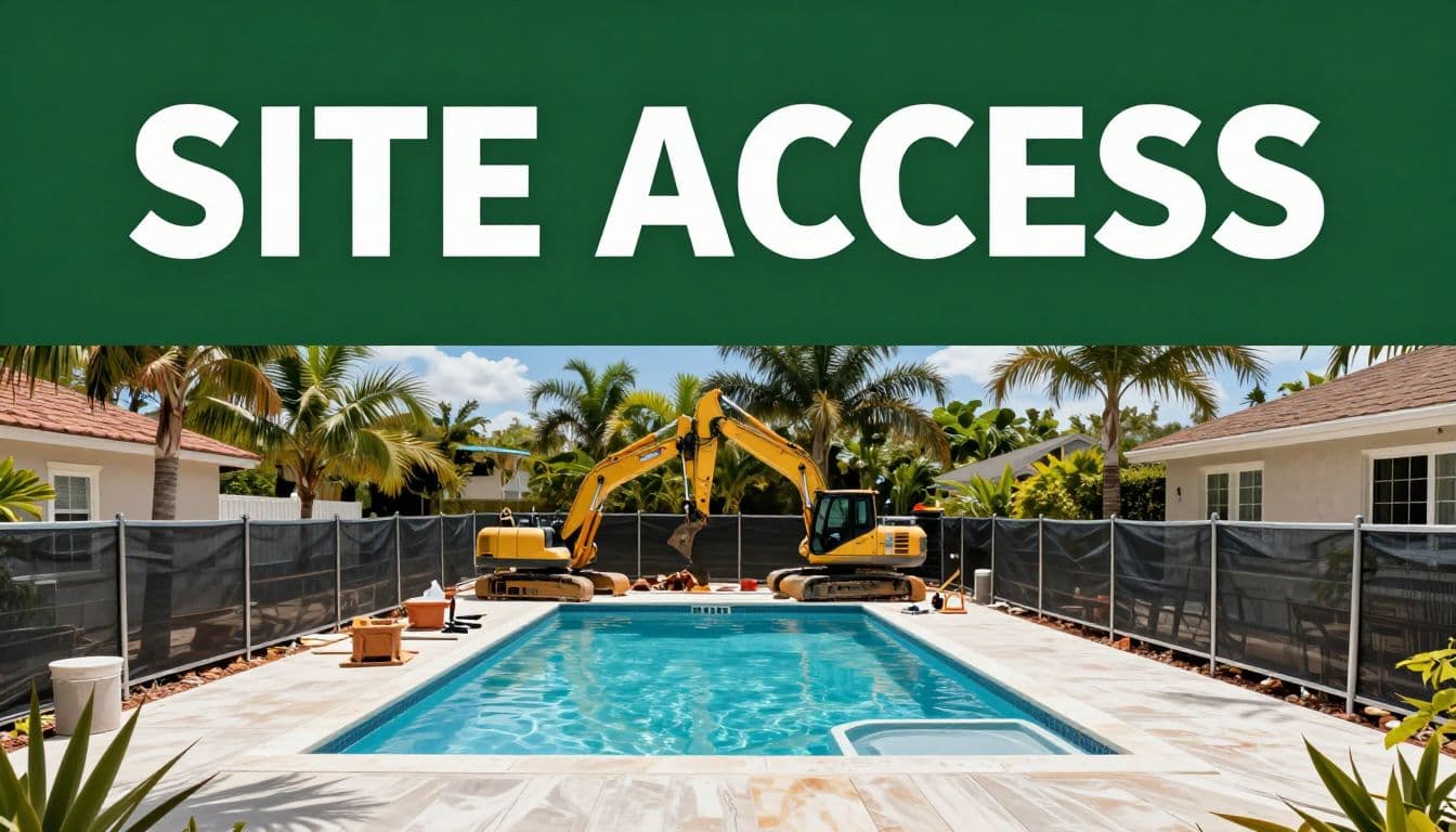 Excavated pool area with machinery, safety fencing, tropical plants, and a SITE ACCESS banner.