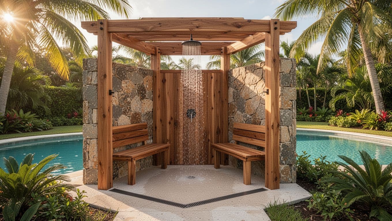 Sturdy outdoor shower enclosure with teak benches and natural stone walls beside a turquoise pool in a lush Florida backyard, under golden hour sunlight with photorealistic details and 'Durable Materials' headline.