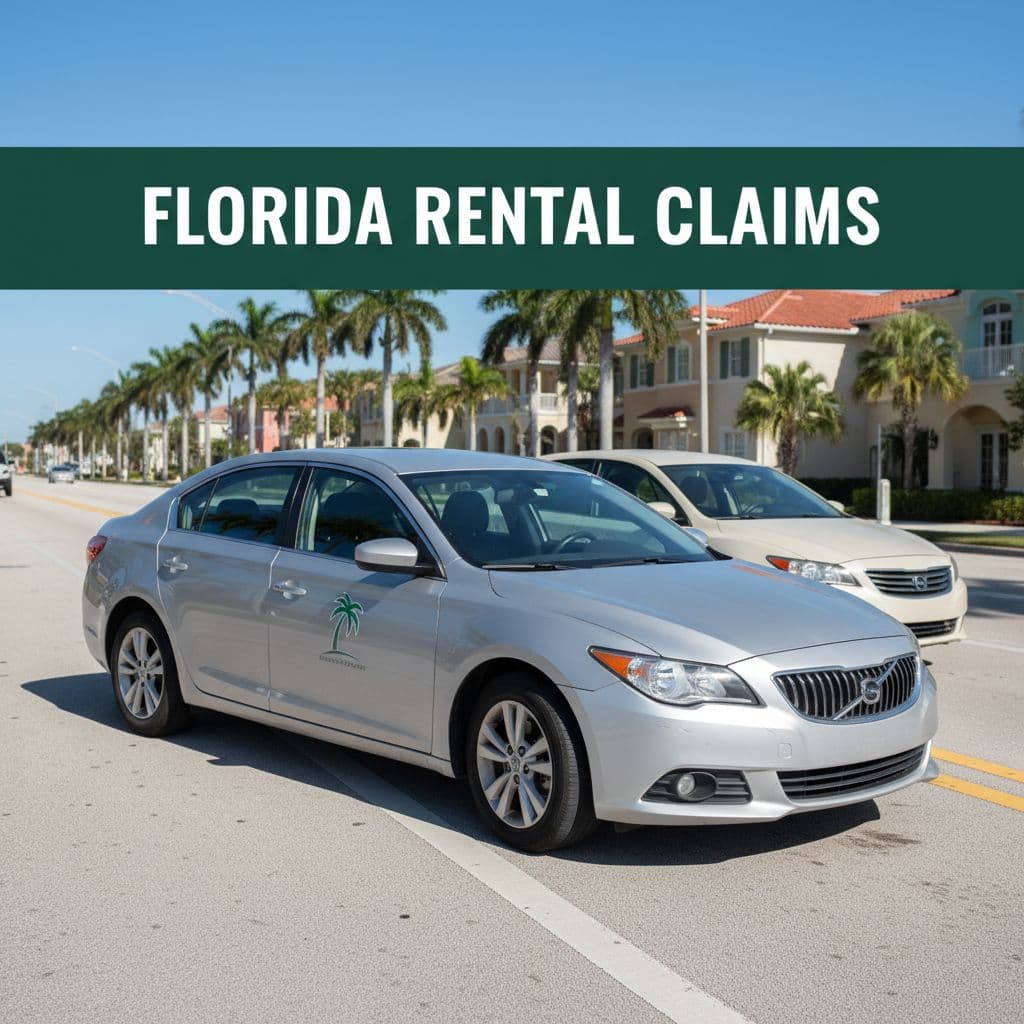 Modern rental car stopped on sunny Florida street post-minor collision, dark-green top band with 'Florida Rental Claims' headline.