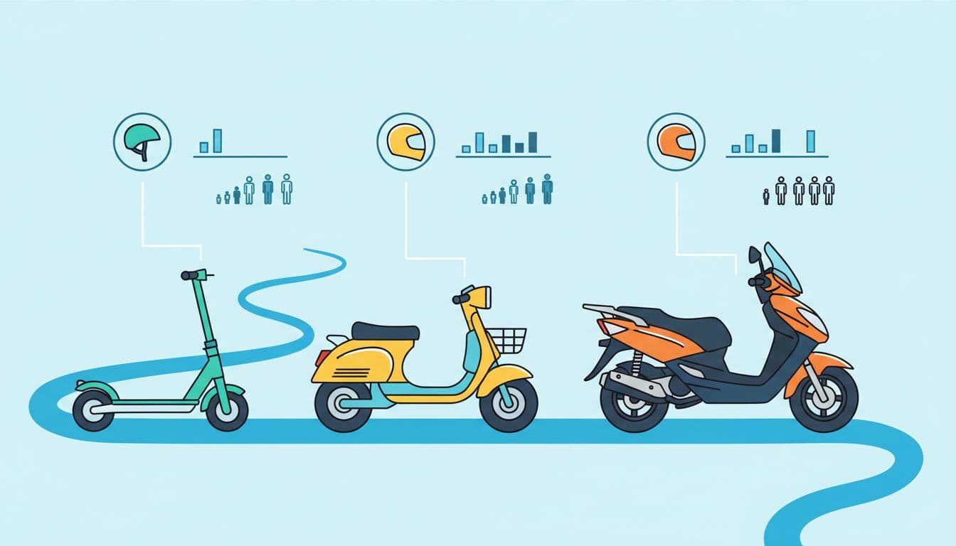 Infographic illustration of a Florida road featuring side-by-side icons of an electric scooter, moped, and motorcycle scooter comparing sizes, speeds, and helmets using simple clean vectors in bright colors.