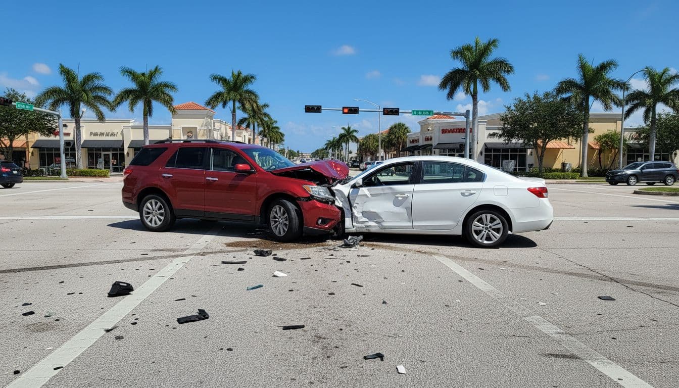 Two cars collide in T-bone crash at busy Florida intersection, debris scattered, palm trees and blue sky visible.