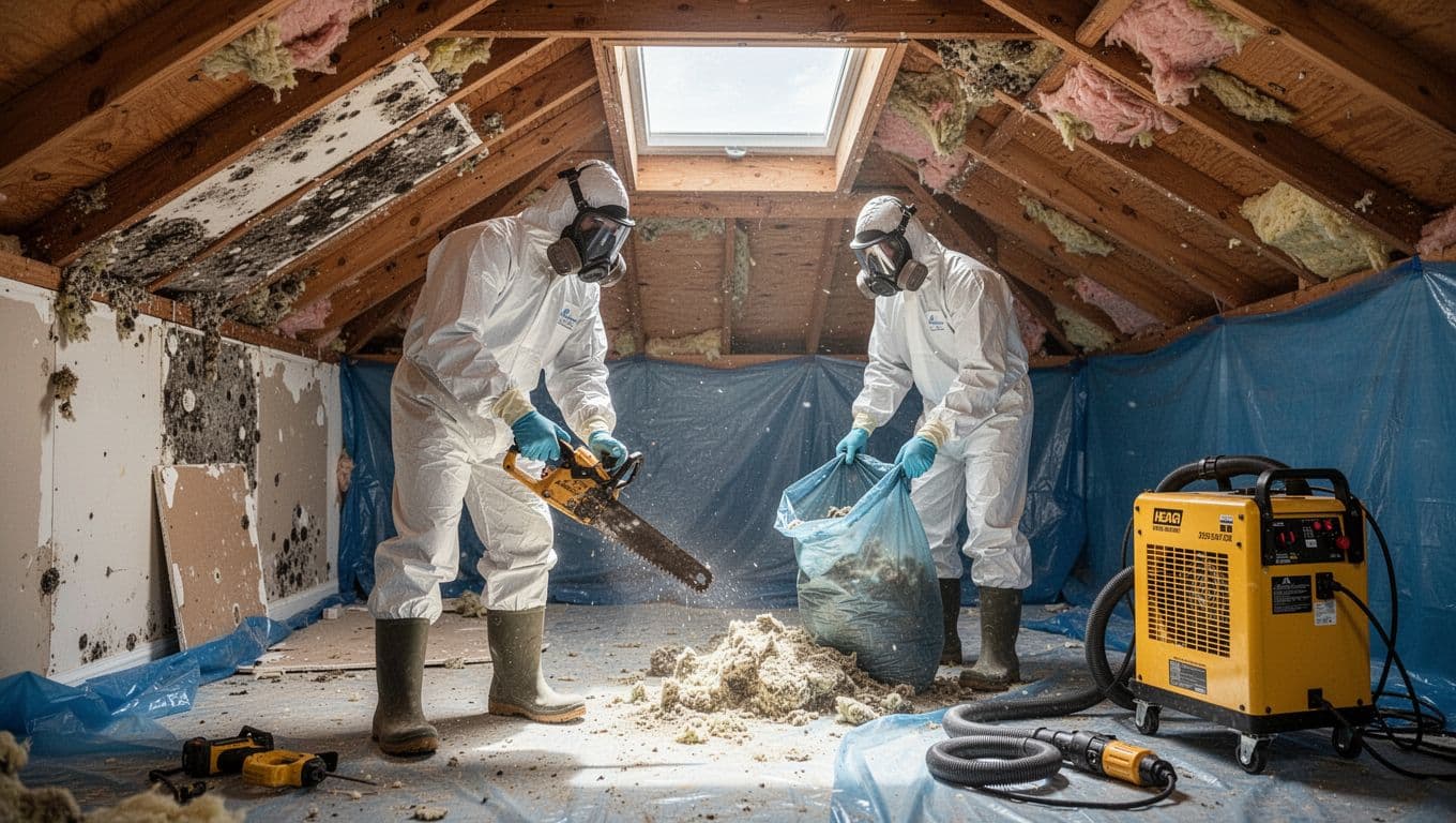 Two mold remediation professionals in full white PPE suits, respirators, gloves, and boots work in a sunny attic of a Fort Myers, Florida home. One cuts moldy drywall with a saw while the other bags debris, surrounded by blue containment sheeting, a yellow HEPA air scrubber, and tools.