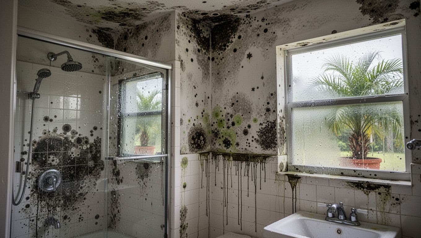 Photorealistic image of a typical Fort Myers, Florida home bathroom interior damaged by black and green mold growth on walls, shower, ceiling, and grout, with water stains, foggy mirror, and humid atmosphere.