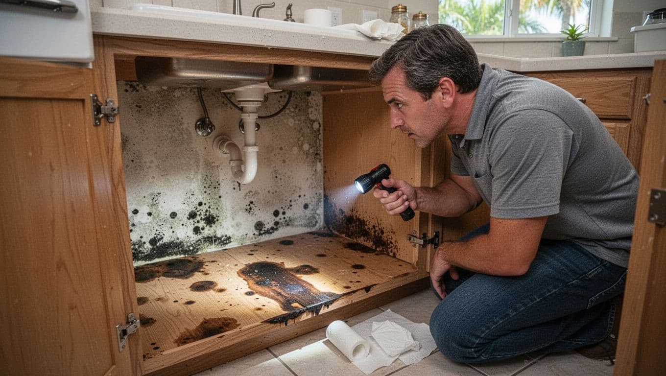 A homeowner kneels in a Fort Myers kitchen, using a flashlight to inspect warped cabinet flooring and dark mold stains under the sink after a plumbing leak. The scene features realistic details of moisture damage, sink pipes, wet paper towels, and natural daylight.
