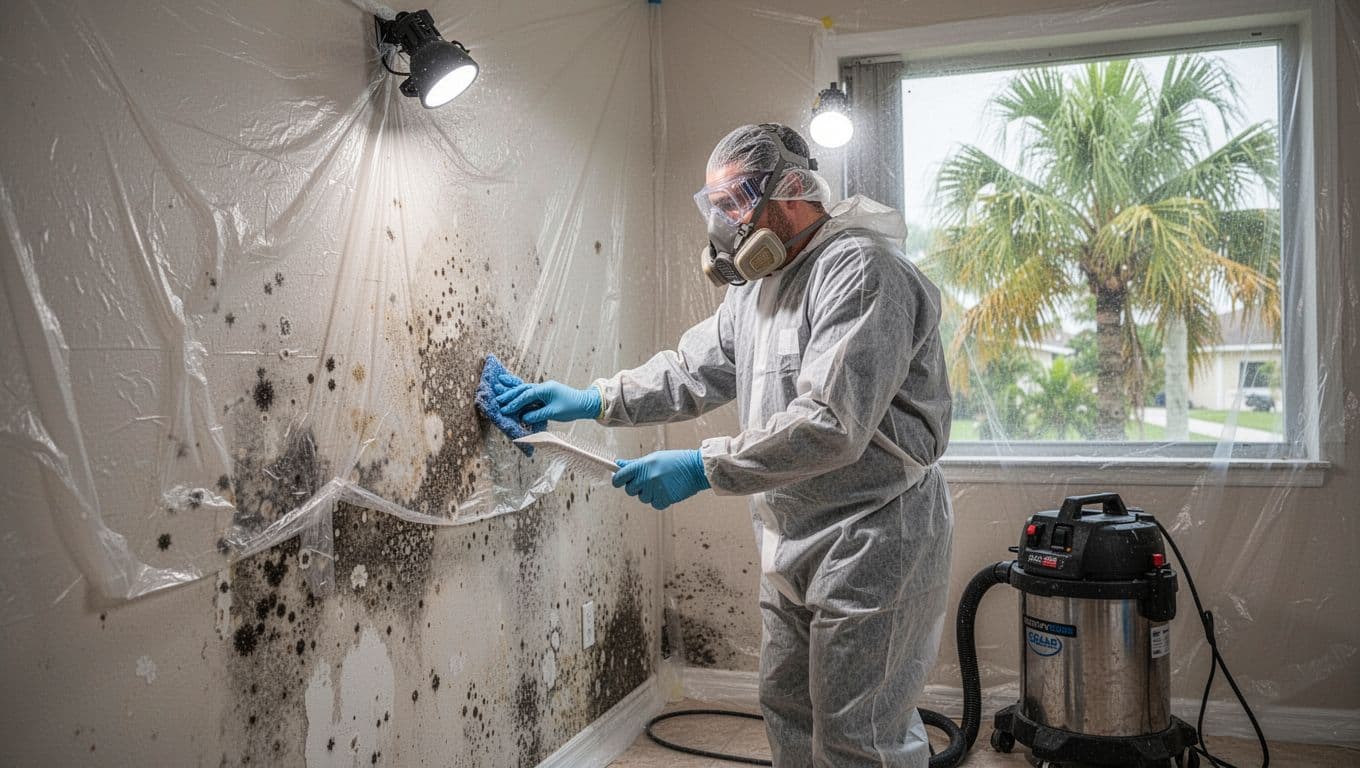 A professional mold remediation technician in full protective gear scrubs mold from a wall in a Fort Myers, Florida home, with plastic sheeting containment and HEPA vacuum nearby in a humid tropical interior.