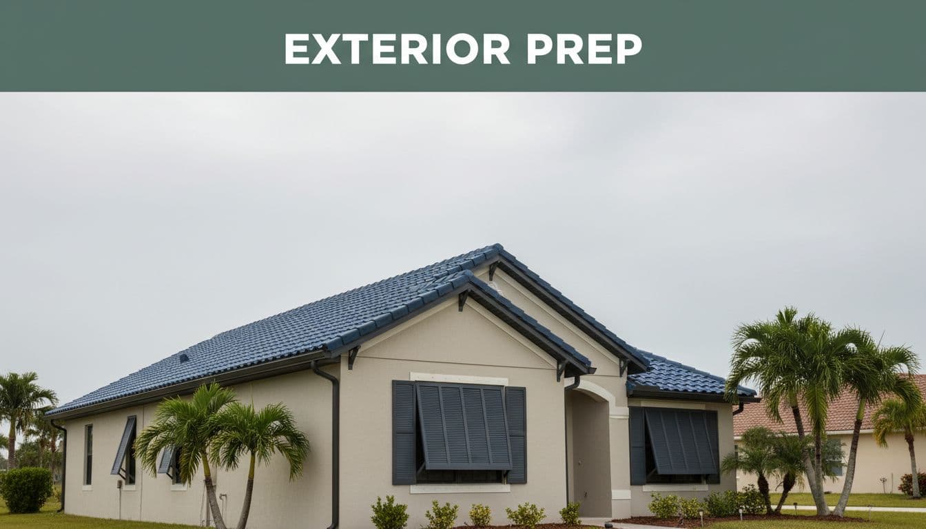 Cape Coral home exterior during calm weather, featuring reinforced windows with shutters, secured roof, trimmed trees, in a tropical Florida neighborhood, with bold 'Exterior Prep' headline.