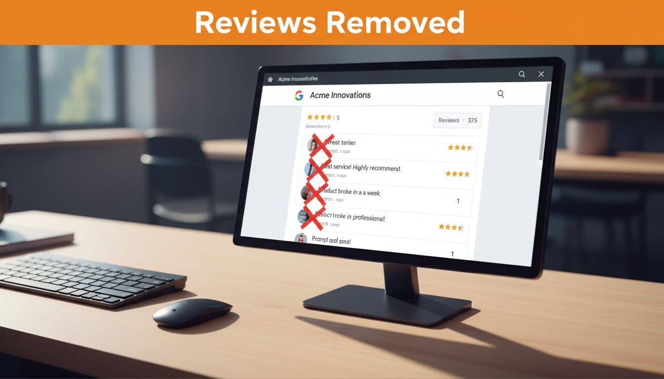 Screen on office desk shows Google Business Profile with faded crossed-out reviews under orange 'Reviews Removed' banner.