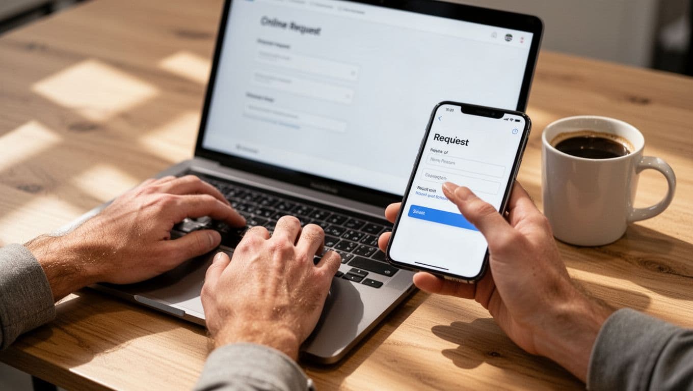 Close-up of smartphone and computer screens showing Google's removal request form interface, with hands submitting the form on a wooden table next to a coffee mug.
