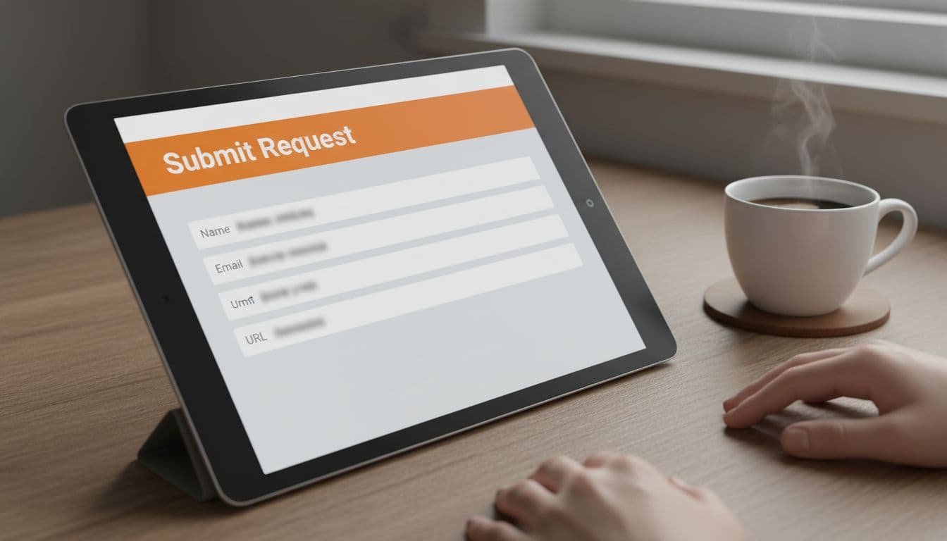 Angled screenshot mockup of blurred Google removal request form on wooden desk with coffee mug nearby.
