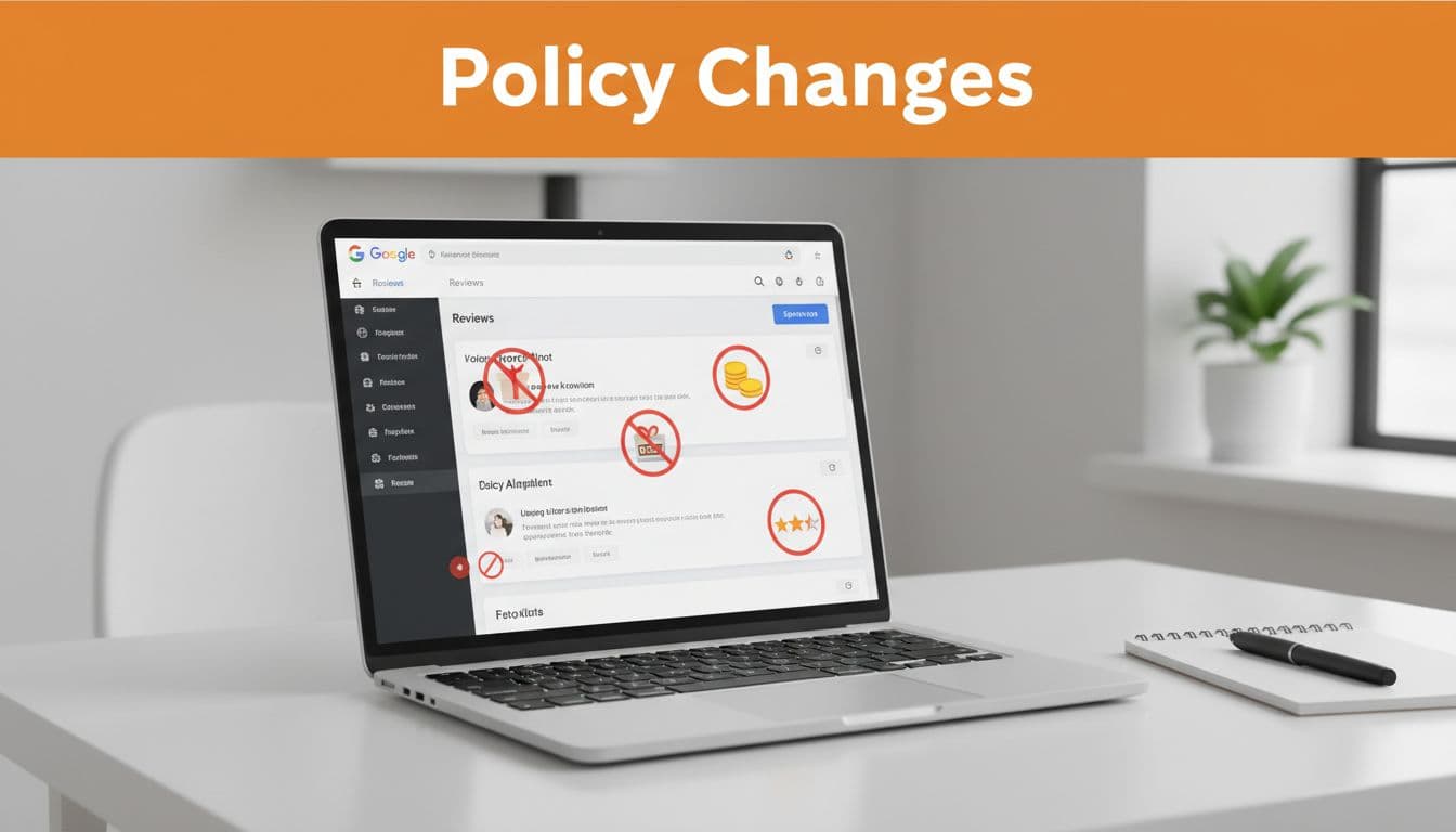 Laptop screen shows Google Business Profile reviews tab with policy alerts and crossed-out incentives on modern desk with notebook.