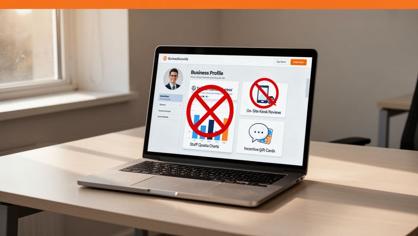 Laptop on office desk displays Google Business Profile screen with red prohibition signs over review icons and orange 'New Bans' headline band.