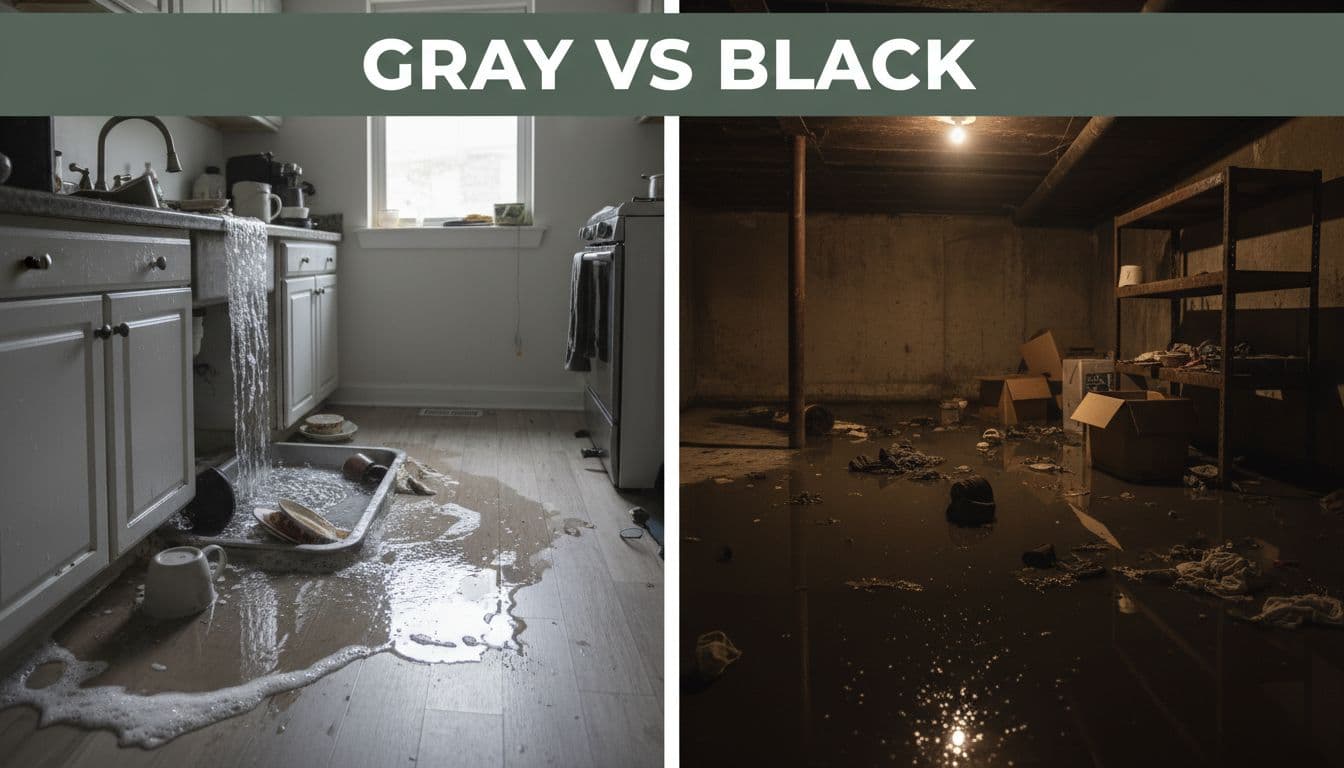 Split-image comparison: left half shows overflowing sink with soapy gray water flooding kitchen floor; right half depicts black sewage water inundating basement with debris. Top branded band with 'Gray vs Black' headline.