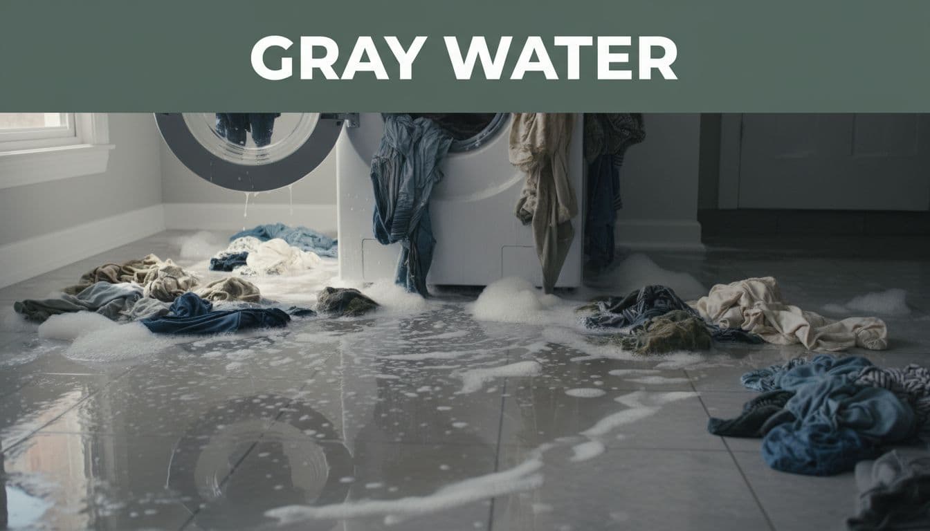 Overflowing washing machine spilling soapy grayish water across a home laundry room tile floor, with wet clothes scattered and suds visible under soft natural light.