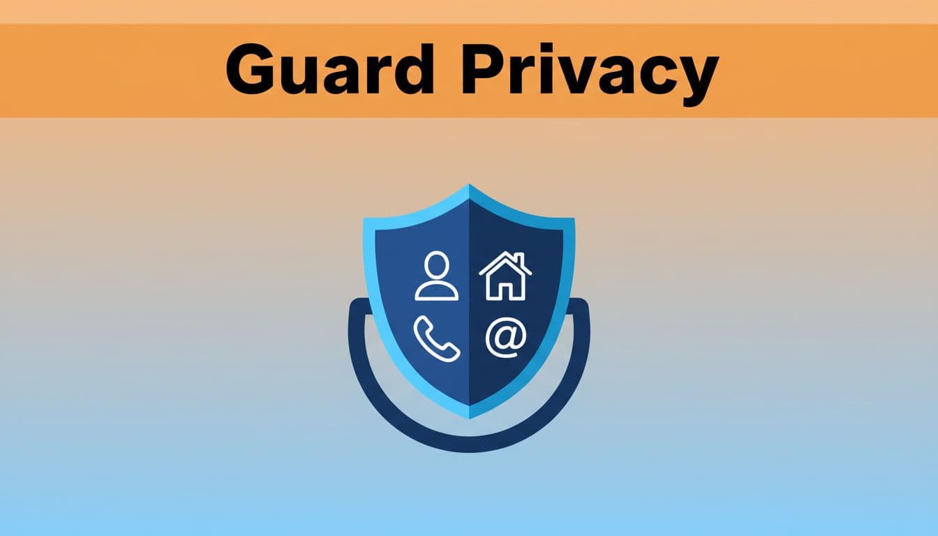 Shield icon protects personal data icons like name, address, phone under orange 'Guard Privacy' headline.