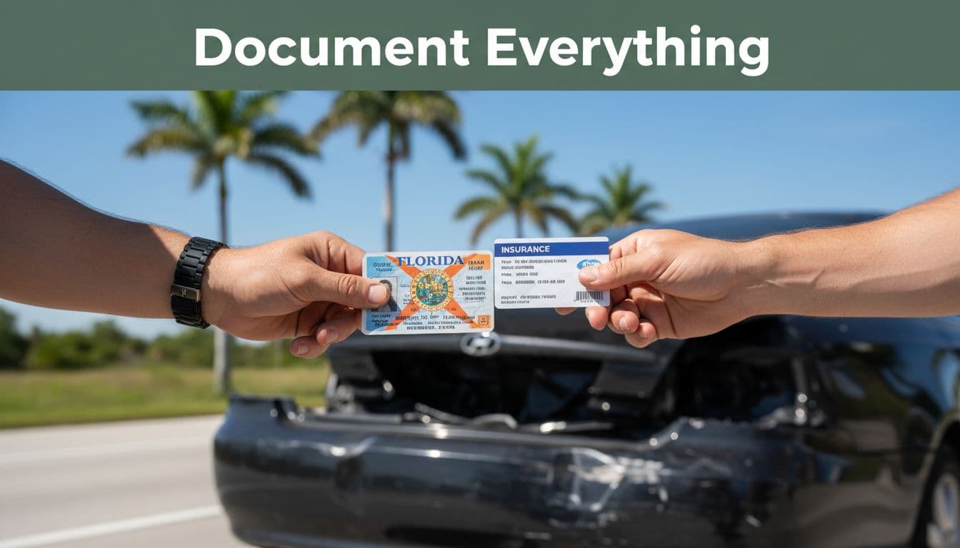 Hands exchange Florida driver's licenses and insurance cards at car accident scene with damaged rear bumper, palm trees, and top green band reading 'Document Everything'.