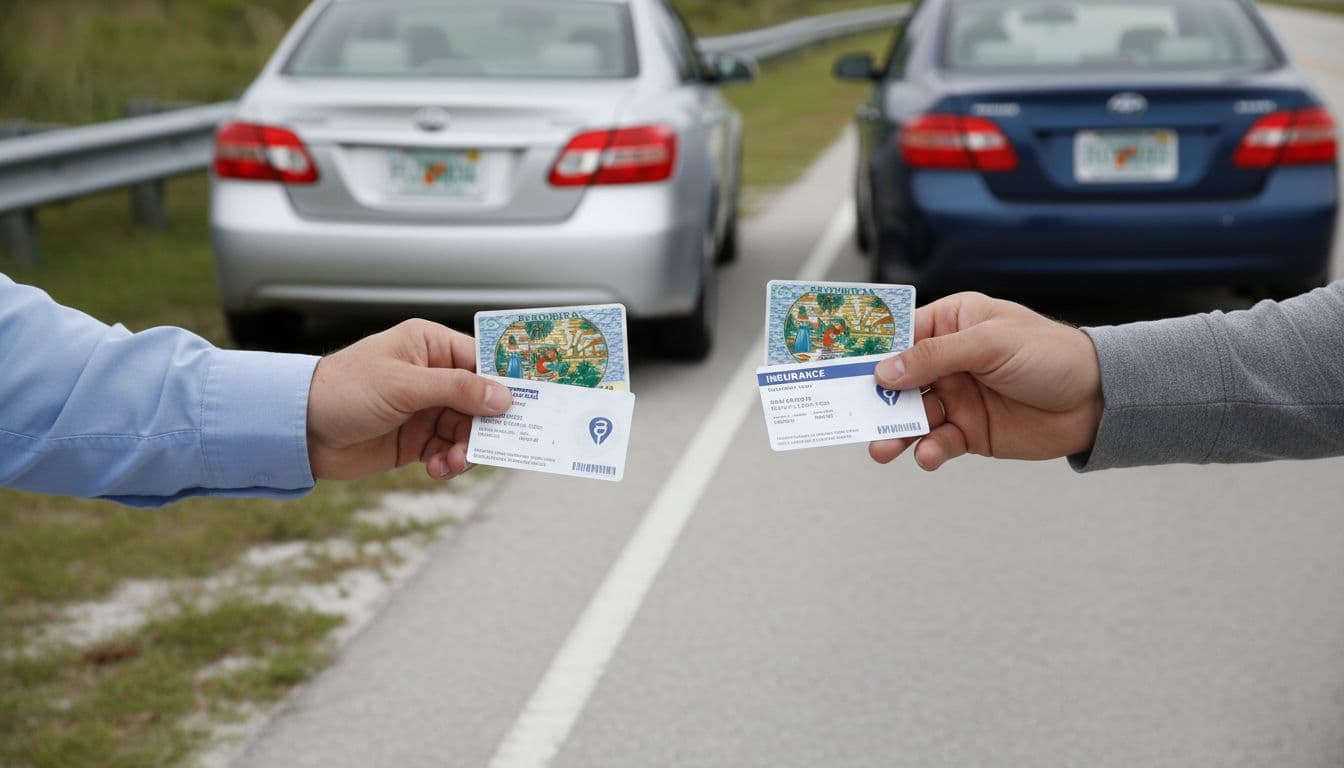 Close-up of two hands exchanging driver's licenses and insurance cards roadside, Florida plates on cars behind.