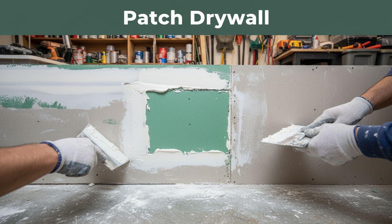Close-up of hands installing mold-resistant drywall and applying joint compound to repair wet-damaged section in a Florida garage.