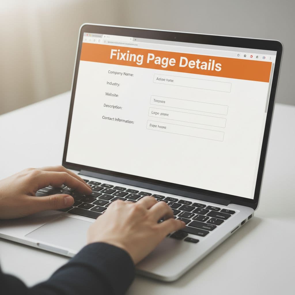 Close-up of hands on laptop screen showing company profile update with orange 'Fixing Page Details' headline.