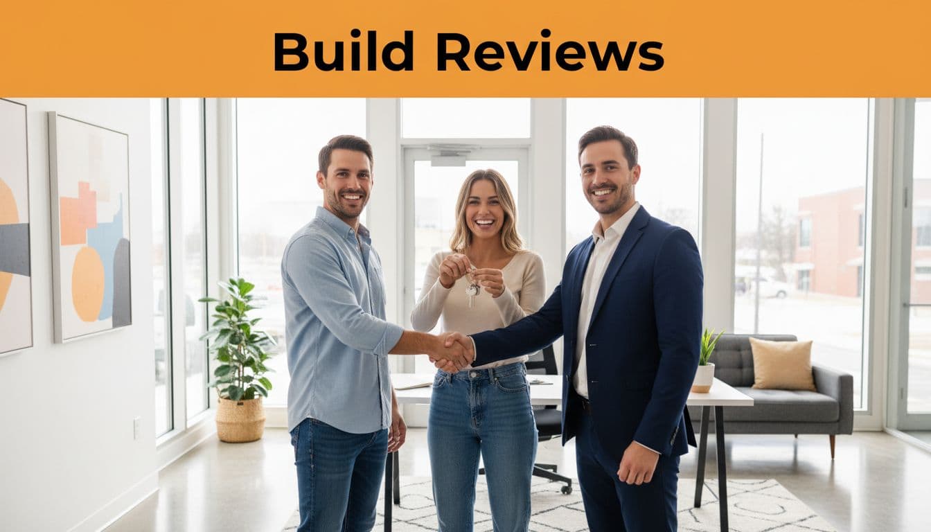 Smiling husband and wife clients hand house keys while agent shakes hands in modern office with top 'Build Reviews' banner.