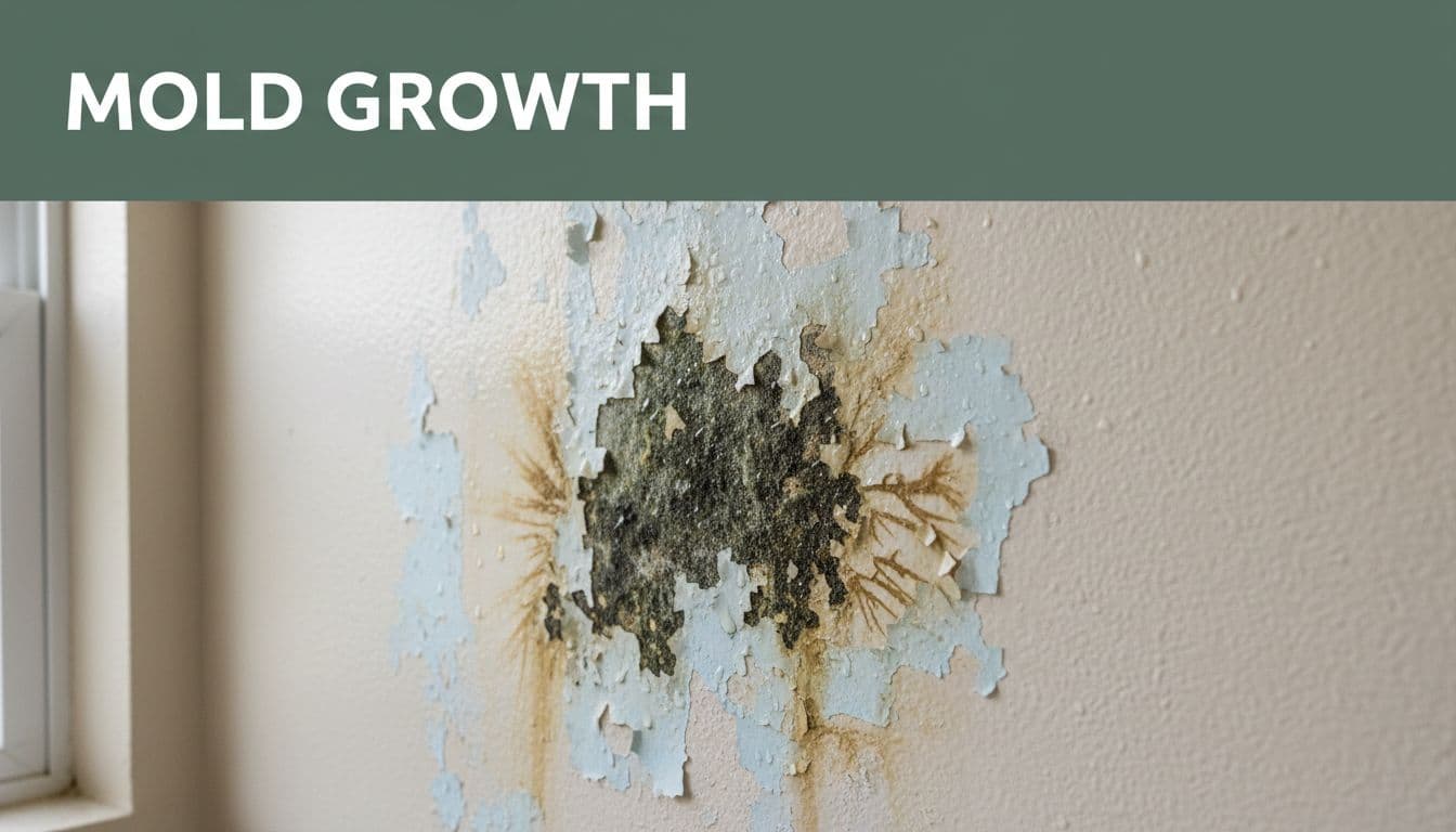 Photorealistic close-up of hidden mold on drywall behind peeling paint in a humid Florida bathroom, with water stains, condensation droplets, and soft natural light, styled with 'Mold Growth' headline in a dark-green band.