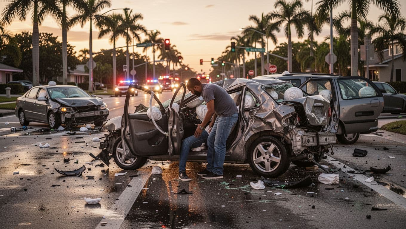 A chaotic South Florida street intersection post hit-and-run crash at dusk, with damaged vehicles, deployed airbags, scattered debris, one driver checking injuries, and distant emergency lights.