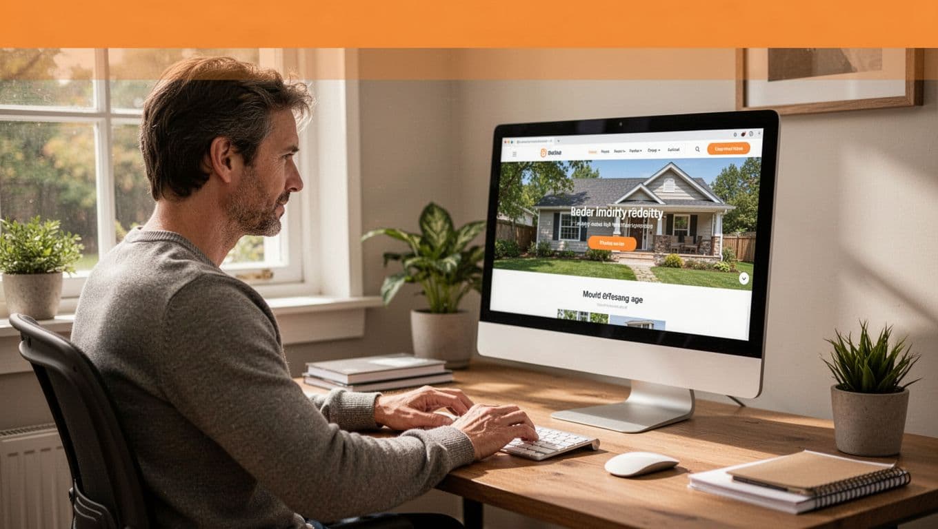 Homeowner at computer screen displaying Zillow interface with highlighted claim button in cozy daytime home office.