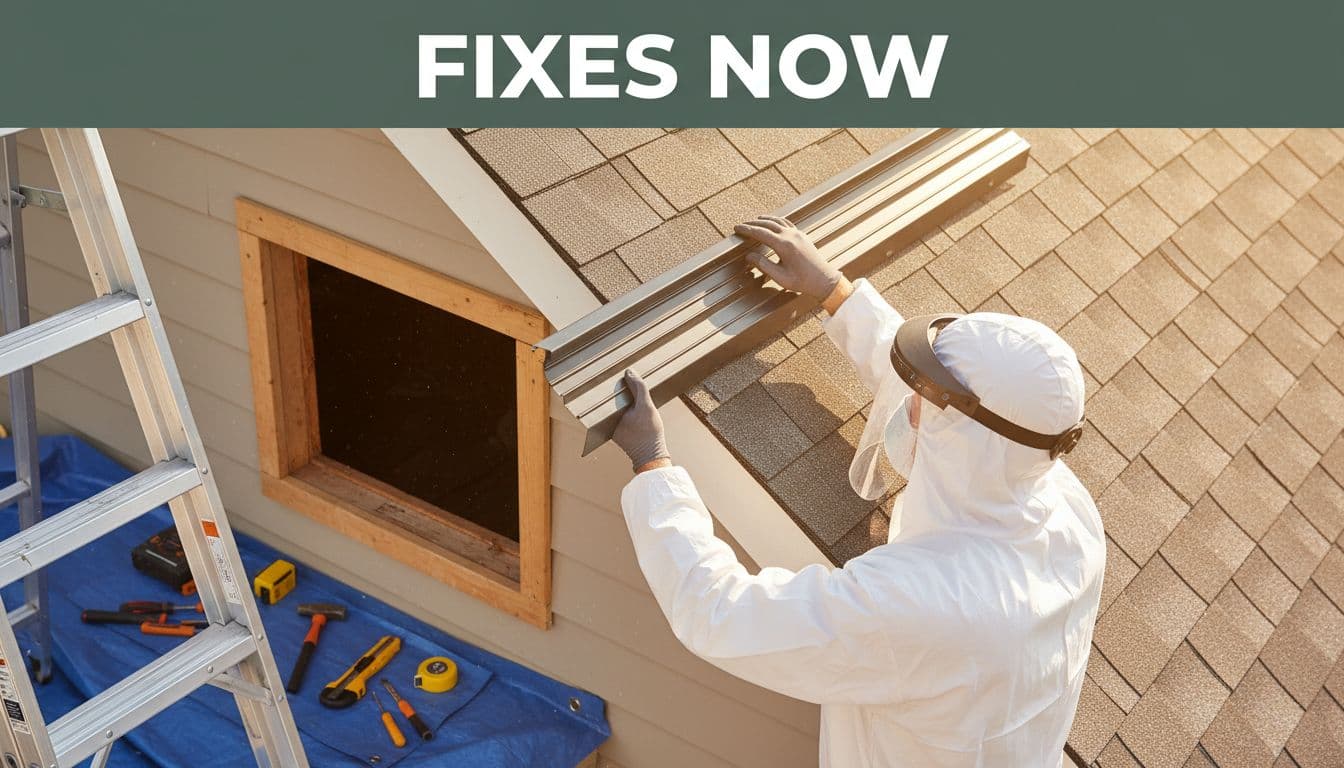 A homeowner in full PPE gear securely installs a new ridge vent on the attic roof edge during a bright daytime exterior scene, with ladder and tools safely arranged nearby. The image features a bold 'Fixes Now' headline in a muted dark-green top band, realistic photo style with warm natural sunlight tones.