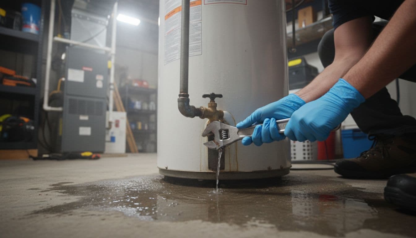 A homeowner wearing PPE gloves and goggles stands in a utility room near a leaking water heater, turning off the water supply valve with a wrench as water pools on the concrete floor.