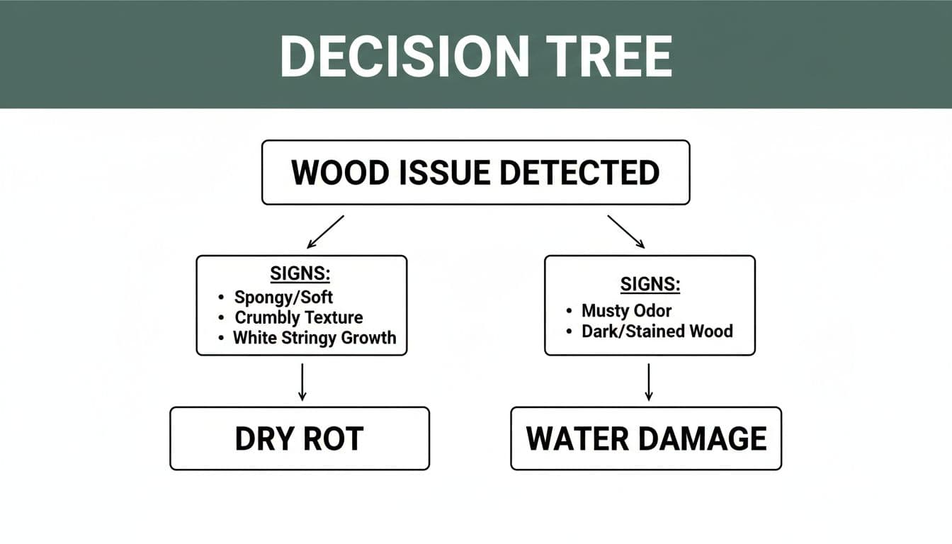 Minimalistic illustrated flowchart decision tree for homeowners to diagnose wood issues like dry rot or water damage based on symptoms such as spongy texture, crumbly wood, white strands, and musty smell.