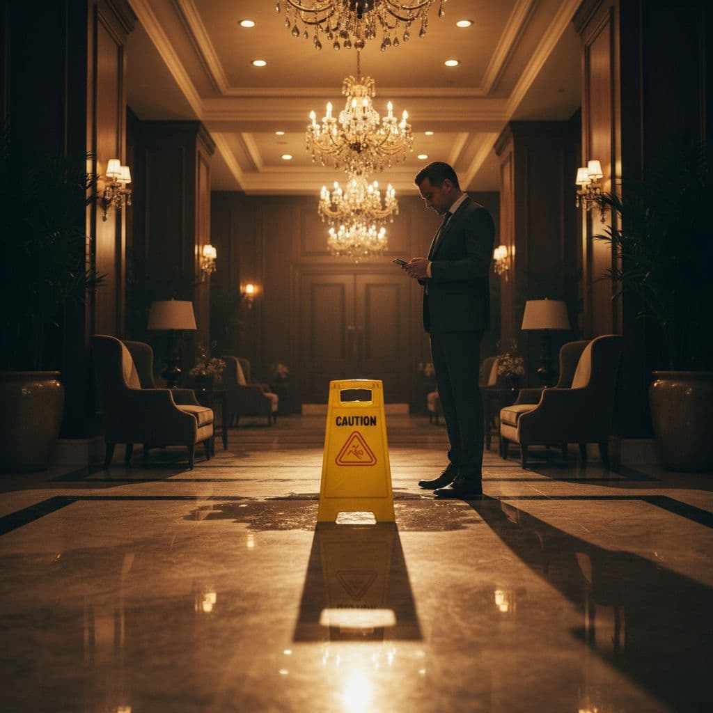 A person stands cautiously near a bright yellow warning sign placed upon a reflective, freshly mopped marble lobby floor. Warm ambient lighting highlights the dramatic contrast within the luxurious interior space.