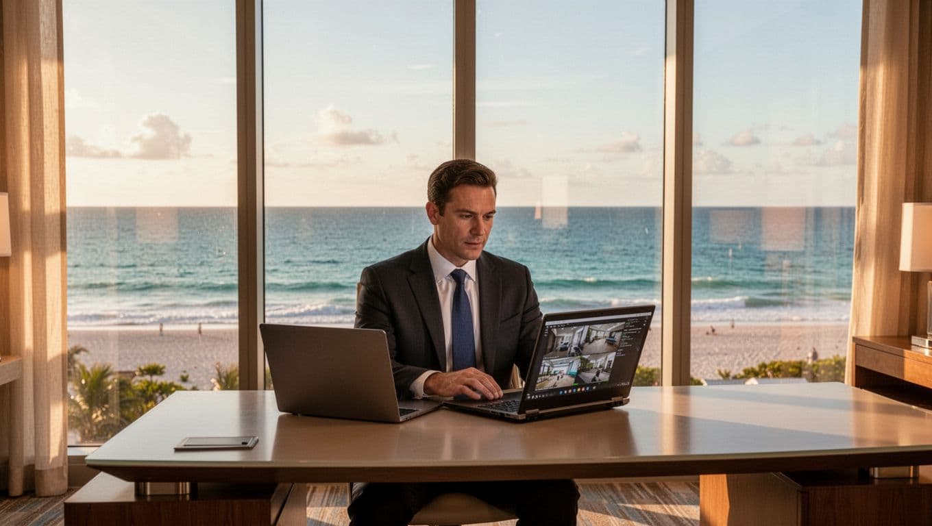 Hotel manager focused on reviewing security footage incident on laptop in modern South Florida hotel office with ocean view, realistic photo style, warm lighting, one person only.