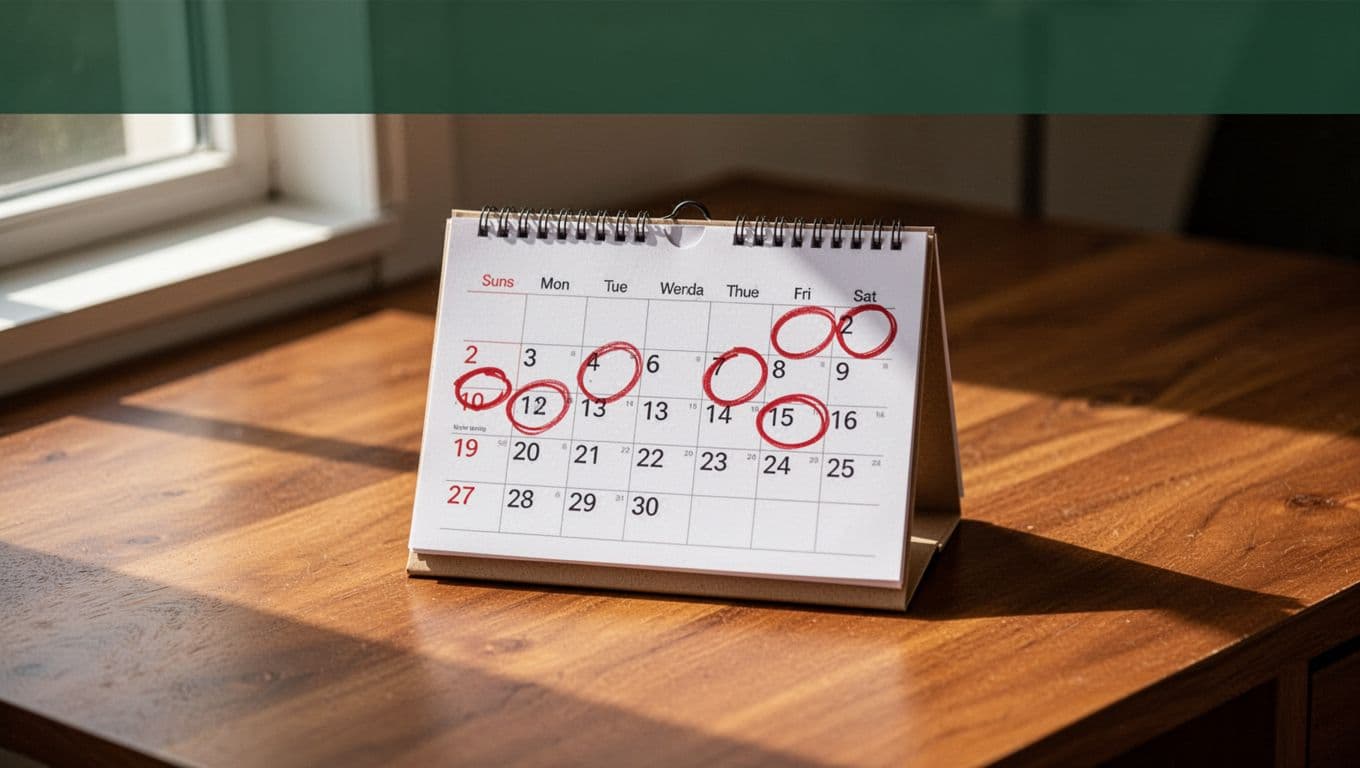 Clean realistic photo of a wooden desk calendar open to dates circled in red for statute of limitations deadlines like 2 years, soft natural window light, bold 'Filing Deadlines' headline in dark-green band.