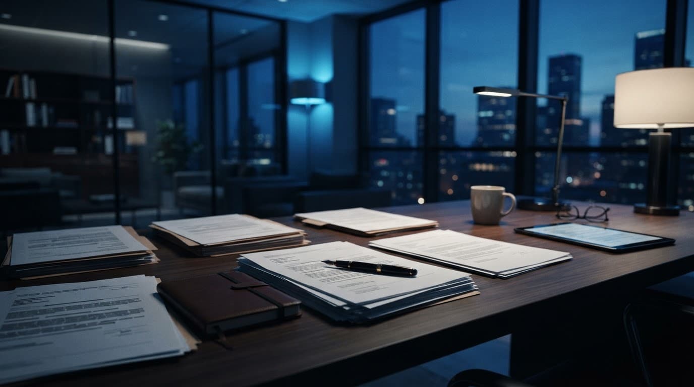 A modern legal desk with paperwork and a pen under blue lighting.