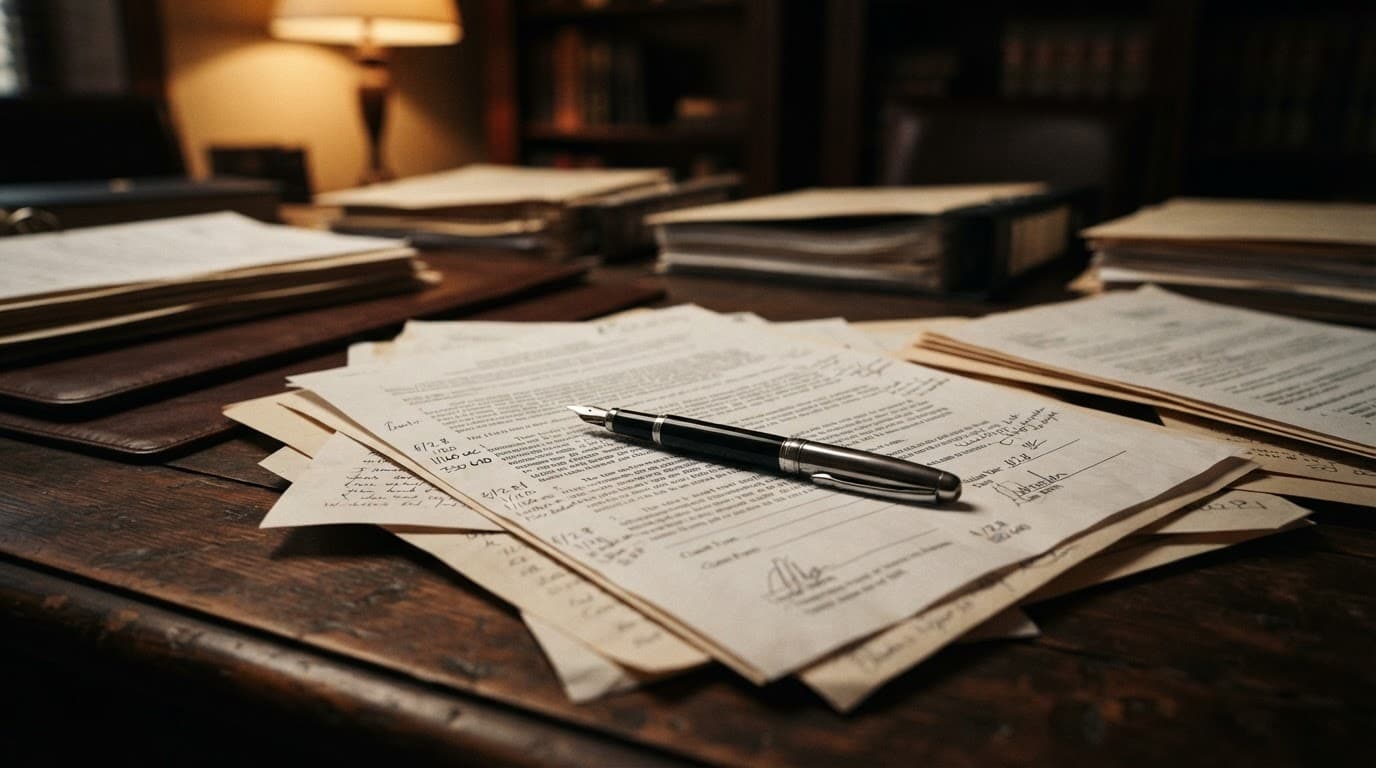 A sleek pen rests on legal paperwork under warm light.