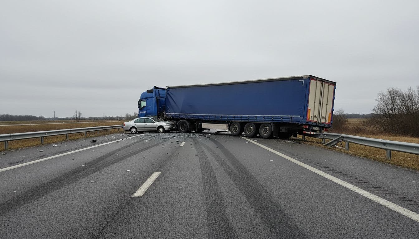 A large semi-truck jackknifed across highway lanes after colliding with a small car, with debris and tire marks scattered on the road under an overcast sky.