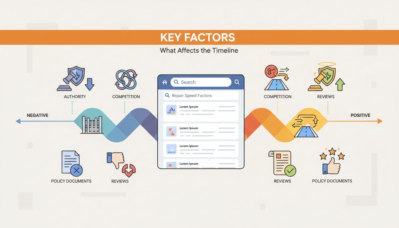 Icons of authority, competition, reviews, and policy documents surround Google search mockup with negative-to-positive shift under bold 'Key Factors' headline.