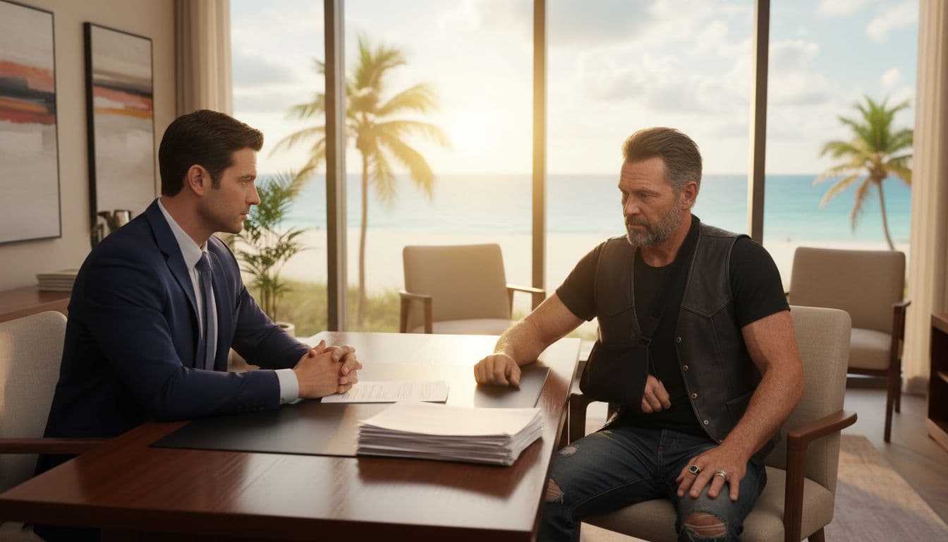 A suited lawyer sits across a desk from an injured motorcyclist with arm in sling, discussing papers in a South Florida office with beach view window, realistic style and warm lighting.