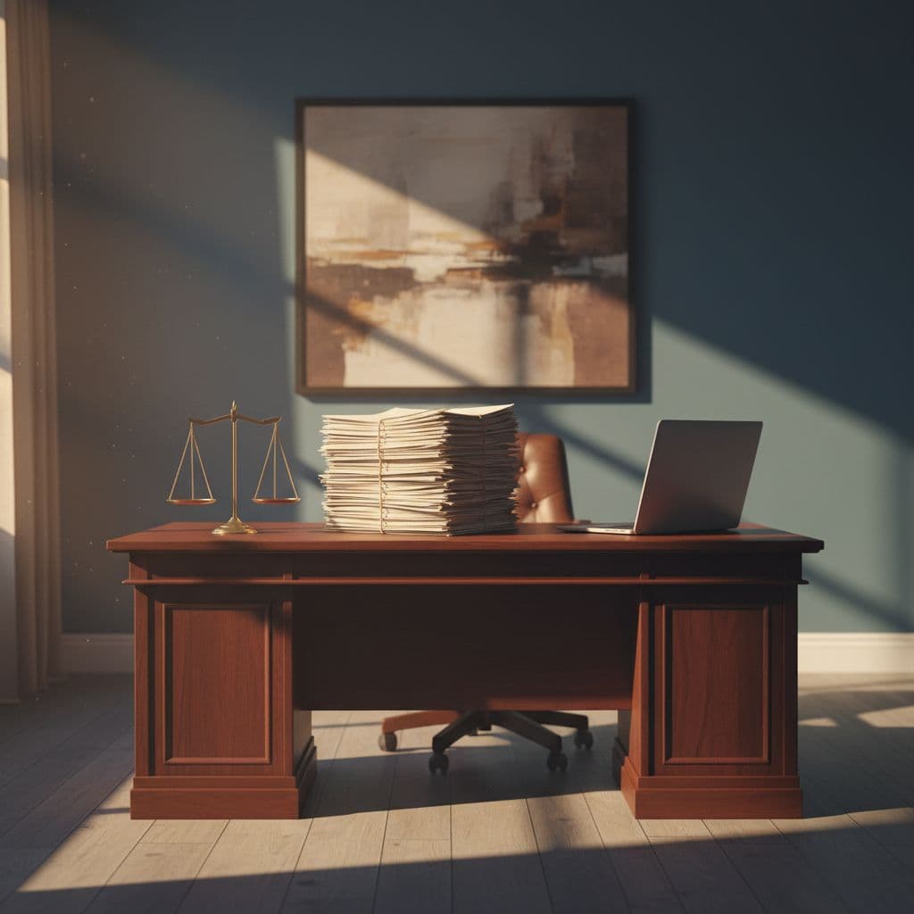 A dark wooden desk features a pair of brass scales of justice, a modern laptop, and neatly stacked legal documents. Dramatic cinematic lighting creates warm highlights and soft, moody background shadows.