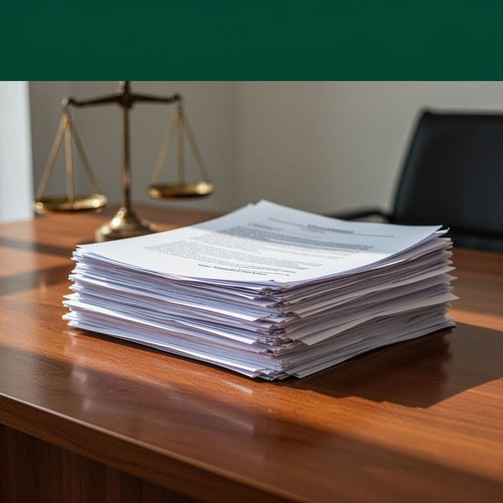 A wooden desk features organized legal files with a blurred scale of justice in the background.