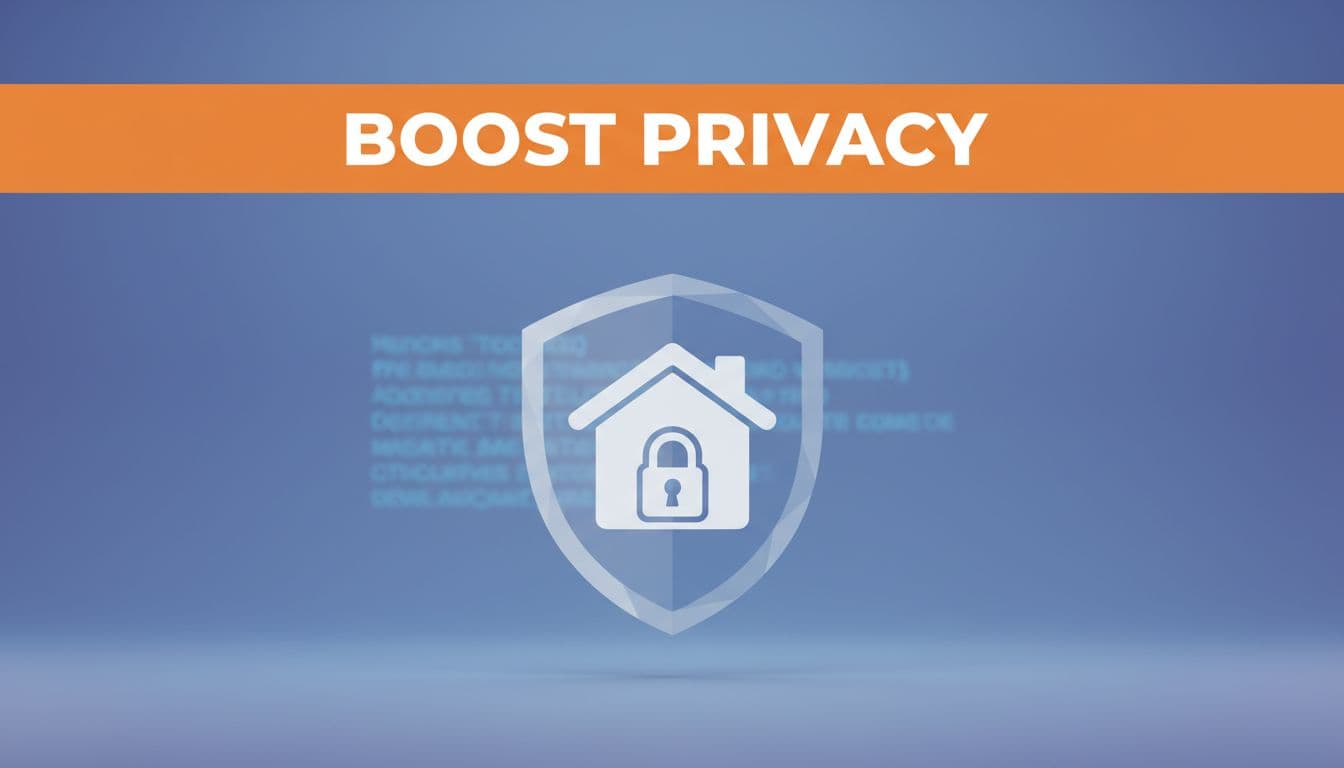 Locked house icon with shield over address details on blue digital background, orange band behind 'Boost Privacy' headline.