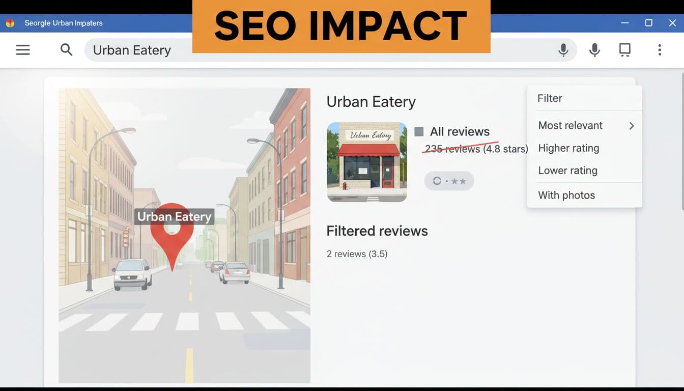 Google Maps results show storefront profile with low review count after filtering, focused on map pin.