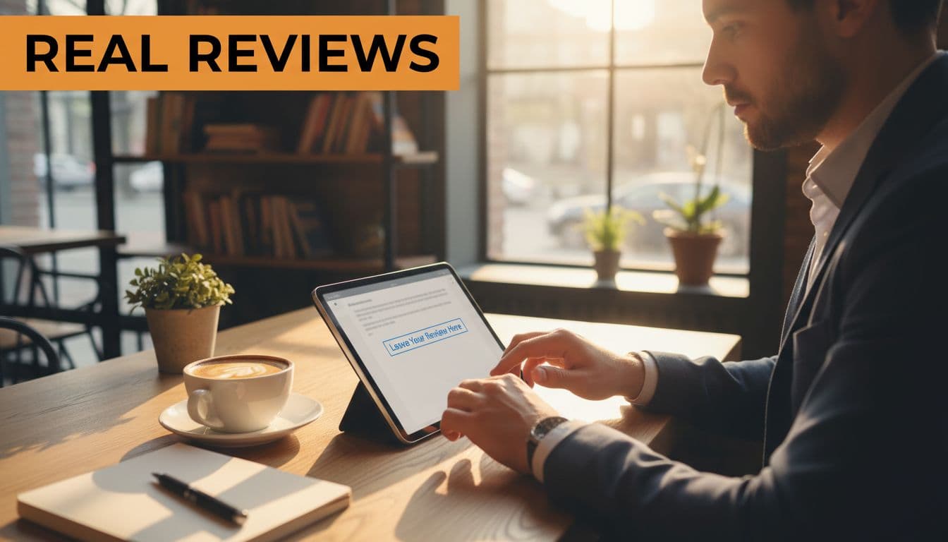 Marketer at cafe table types on tablet showing vague review link under orange 'Real Reviews' headline band.