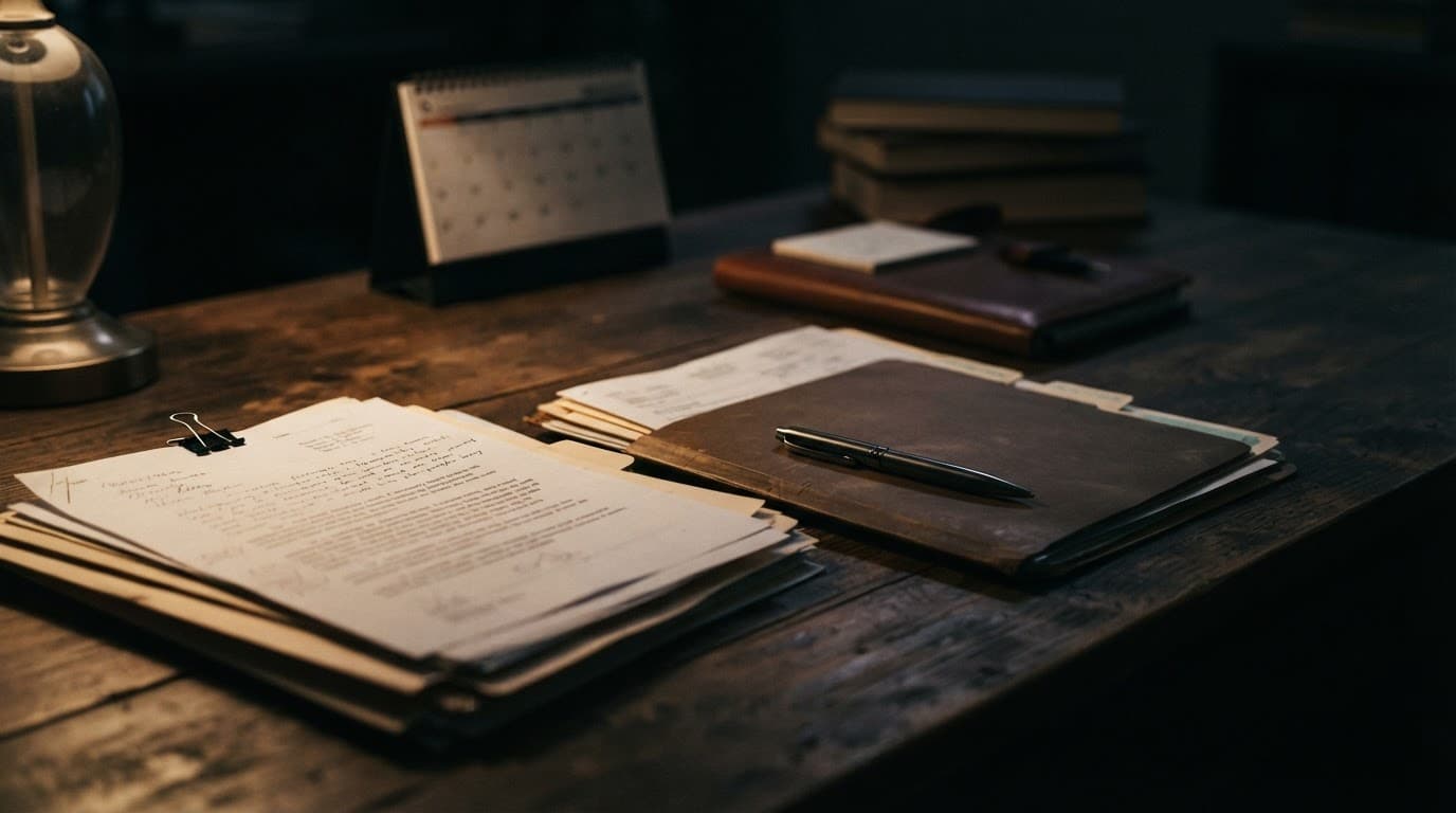 Legal papers, a pen, and a medical folder on a wooden desk.