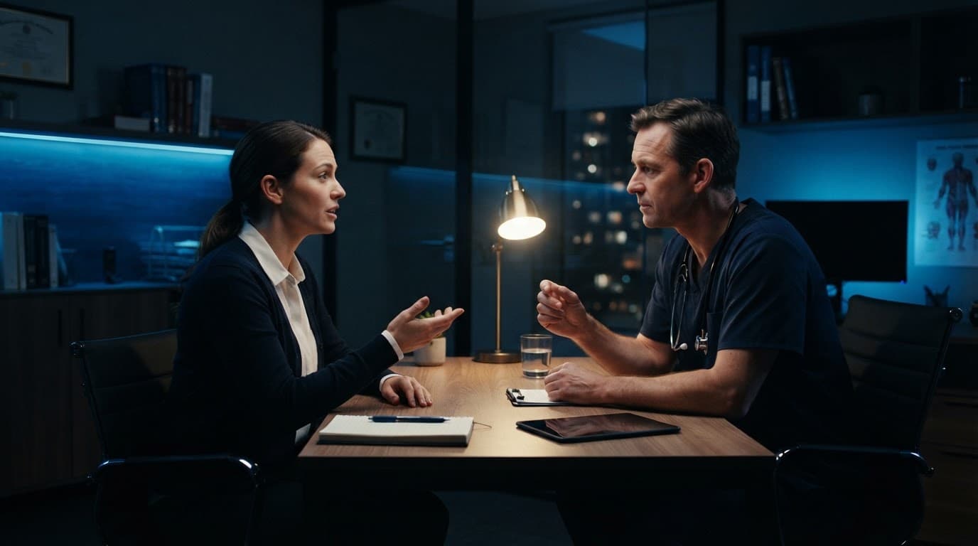 Doctor and patient talking in a modern medical consultation room with blue lighting.