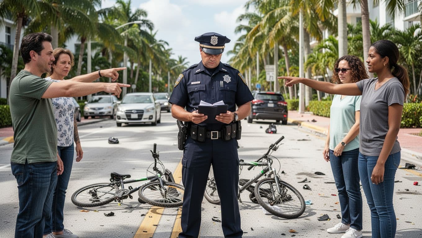 South Florida police officer taking notes at a hit-and-run accident scene on a busy Miami street, notepad in hand, damaged bicycle nearby, witnesses pointing, tropical vegetation backdrop.