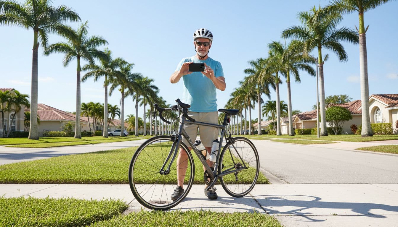 A middle-aged cyclist in helmet and casual clothes stands safely roadside next to a slightly damaged bicycle on a sunny South Florida suburban street with palm trees, holding a smartphone to take a photo of the bike damage.