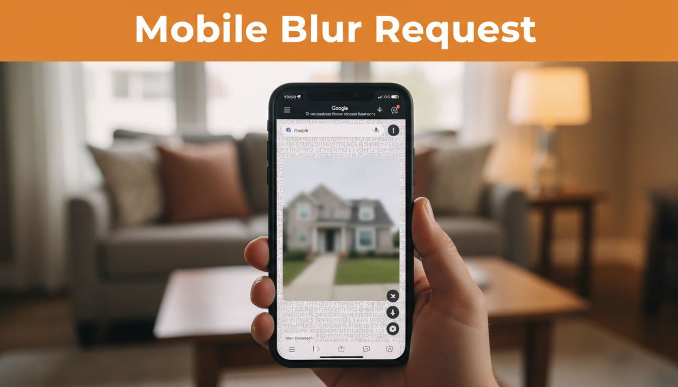 Hand holds smartphone showing Google Maps Street View with blurred house, orange top band reading 'Mobile Blur Request', cozy living room background.