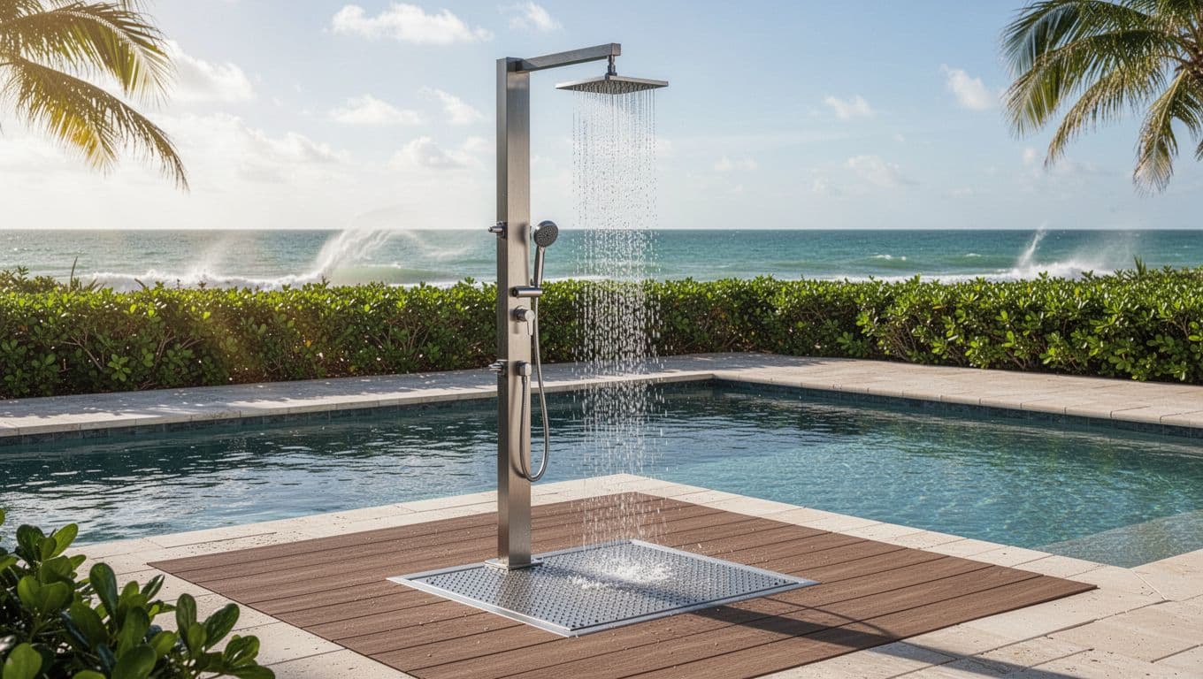 Sleek modern outdoor shower featuring marine-grade stainless steel fixtures, handheld sprayer, and active rainfall head on a textured non-slip composite deck matching surrounding pool pavers in a sunny coastal Florida pool area with low hedges.